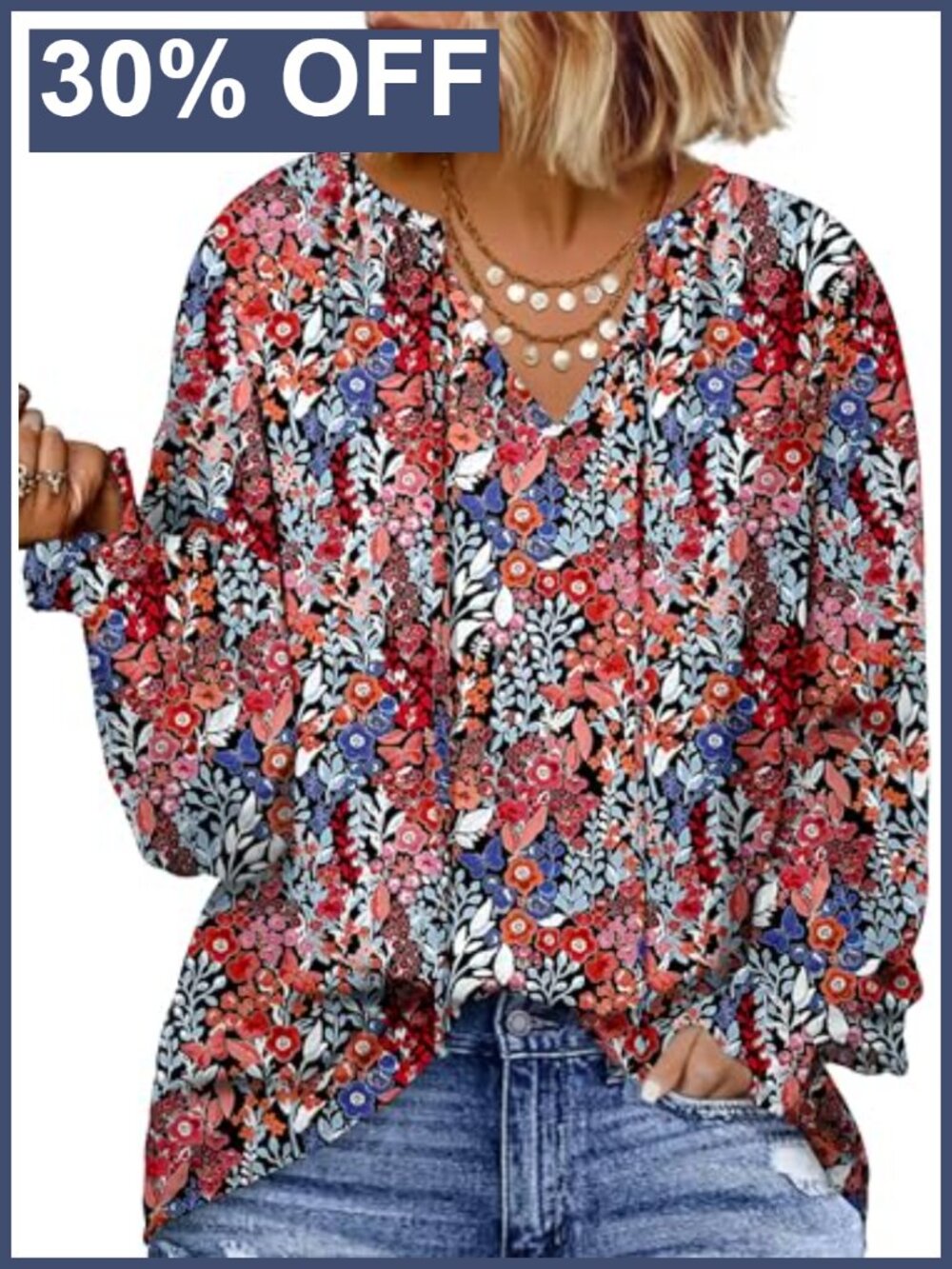 Womens Plus Size Boho V Neck Smocking Long Sleeve Blouse Casual Top